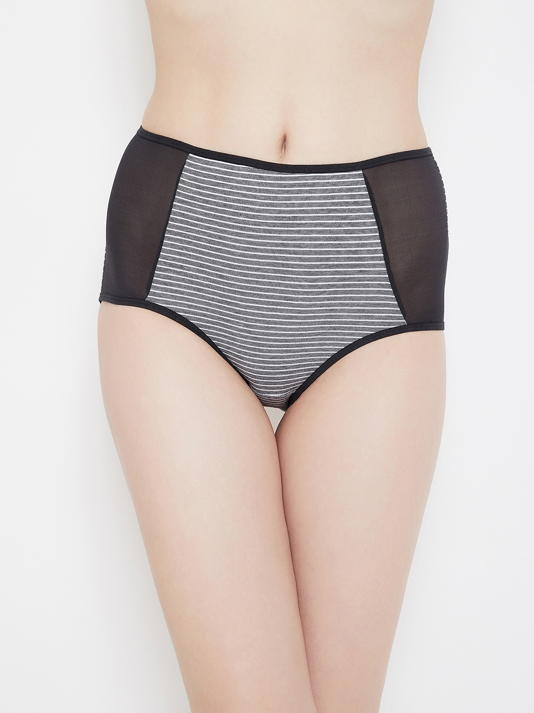 

Clovia Women Grey & White Striped Hipster Briefs With Mesh Panels PN2532P13