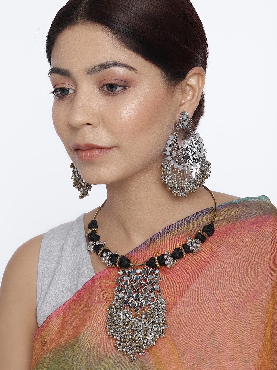 

justpeachy Silver-Plated & Black Beaded Oxidised Tribal Jewellery Set