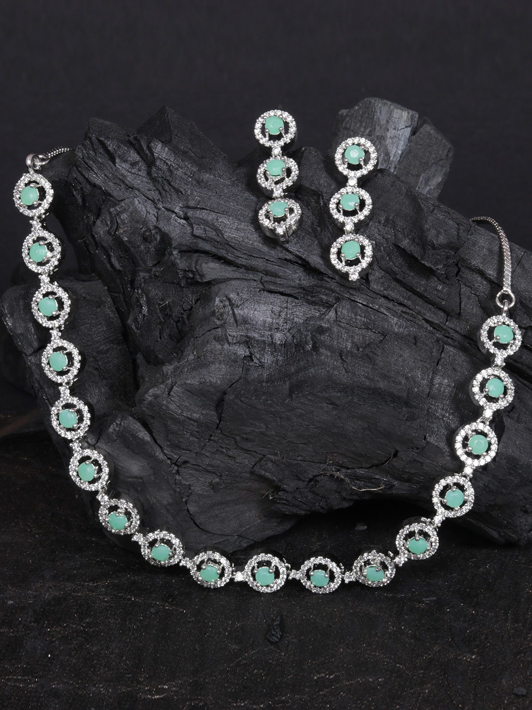 

Justpeachy Green & Silver-Plated American Diamond Studded Jewellery Set