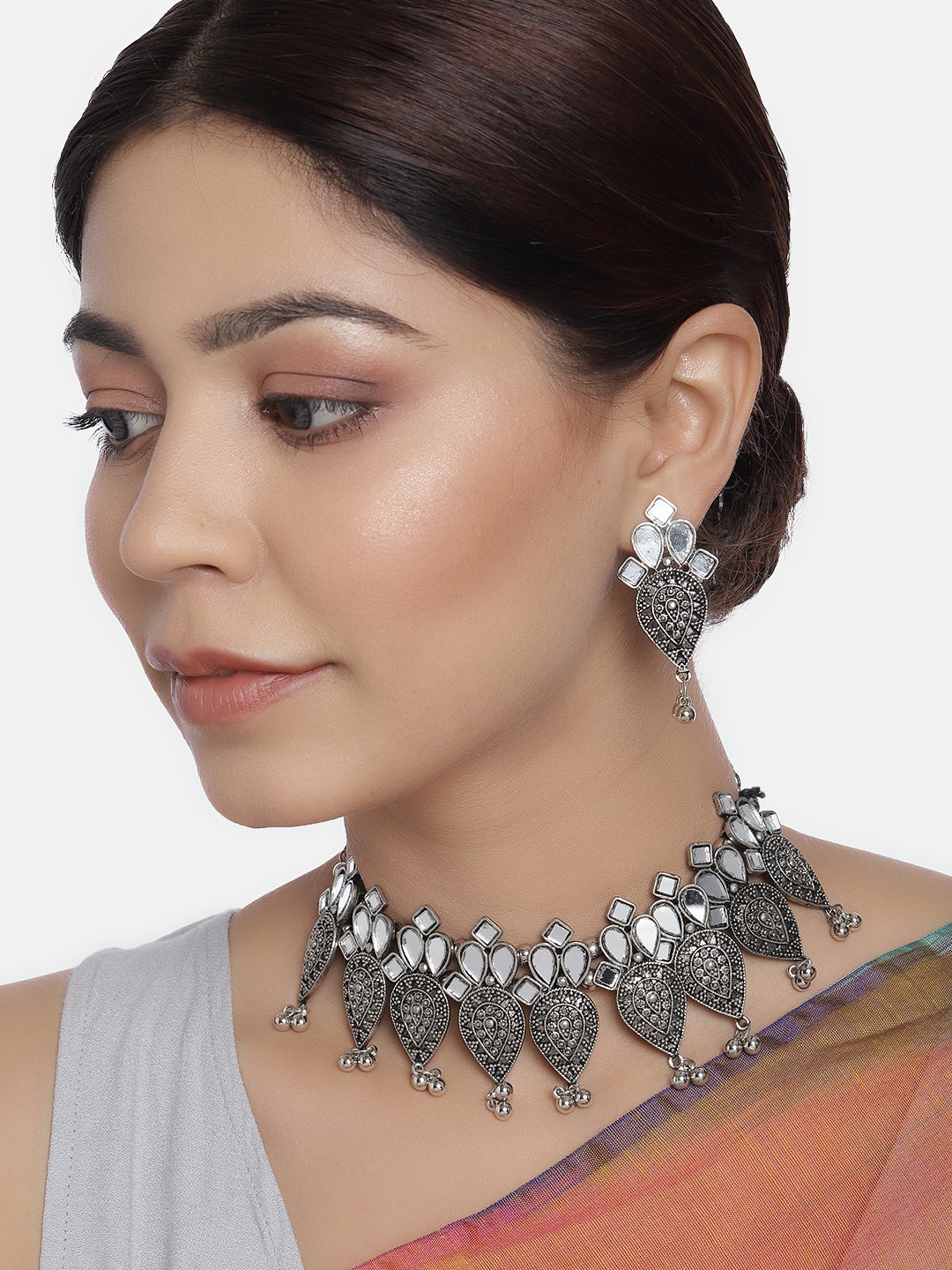 

justpeachy Silver-Plated Oxidised Mirror Choker Jewellery Set