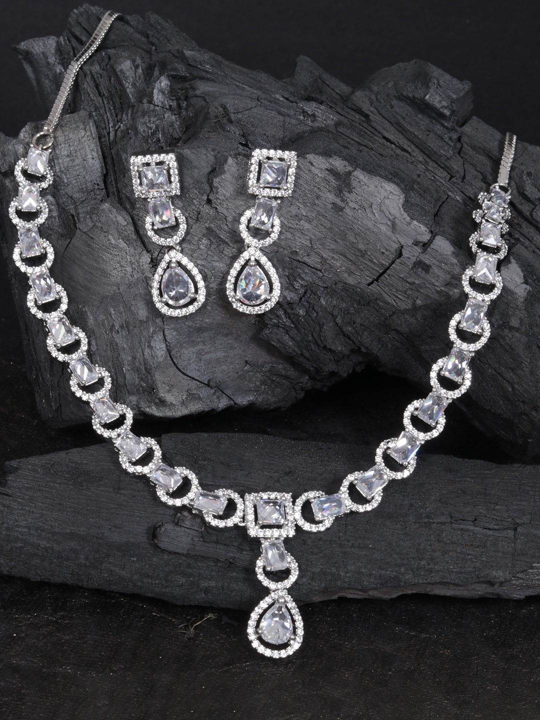 

justpeachy Silver-Plated Cubic Zirconia Stone Studded Jewellery Set