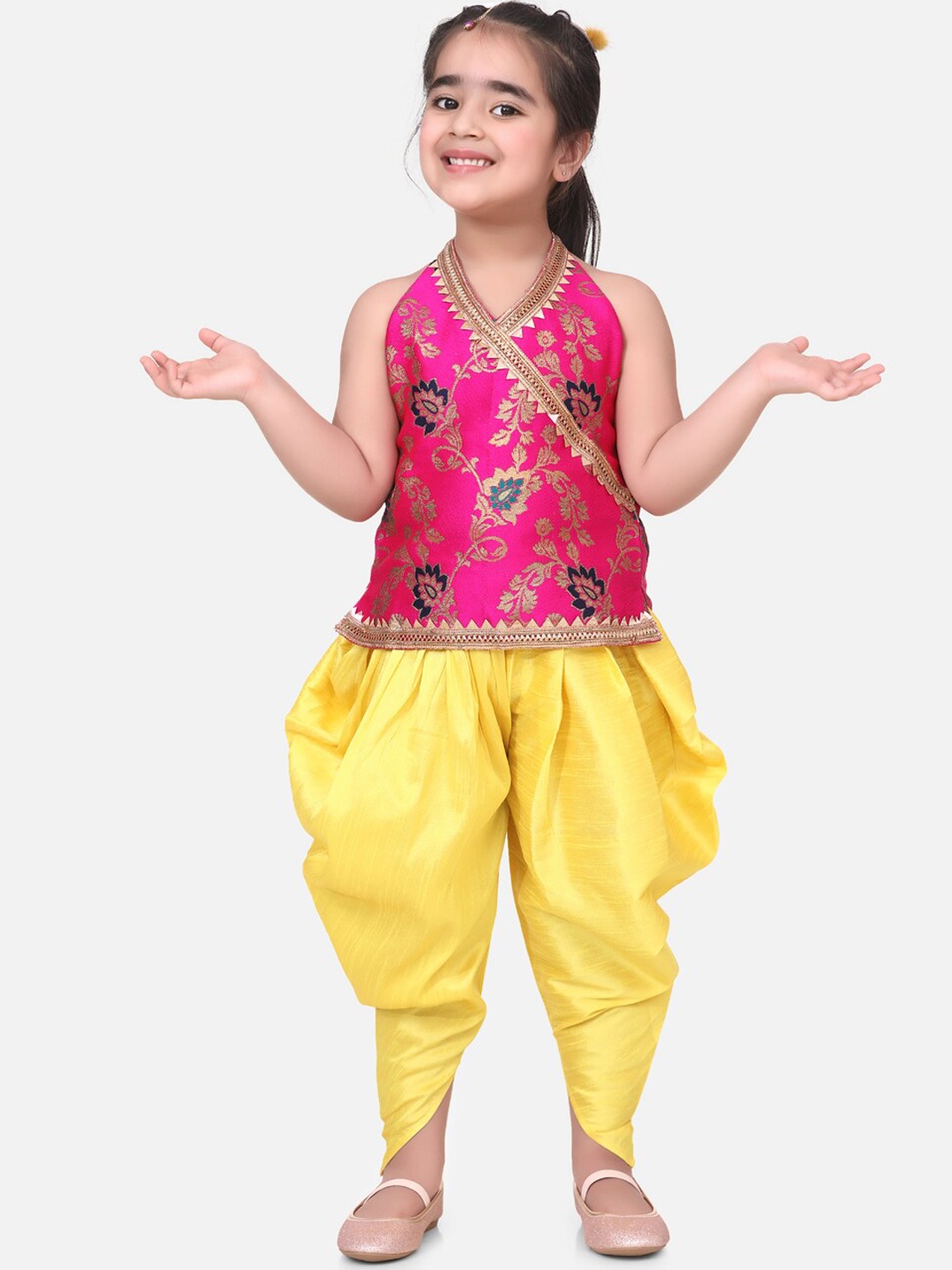 

BownBee Girls Pink & Yellow Printed Top with Dhoti Pants