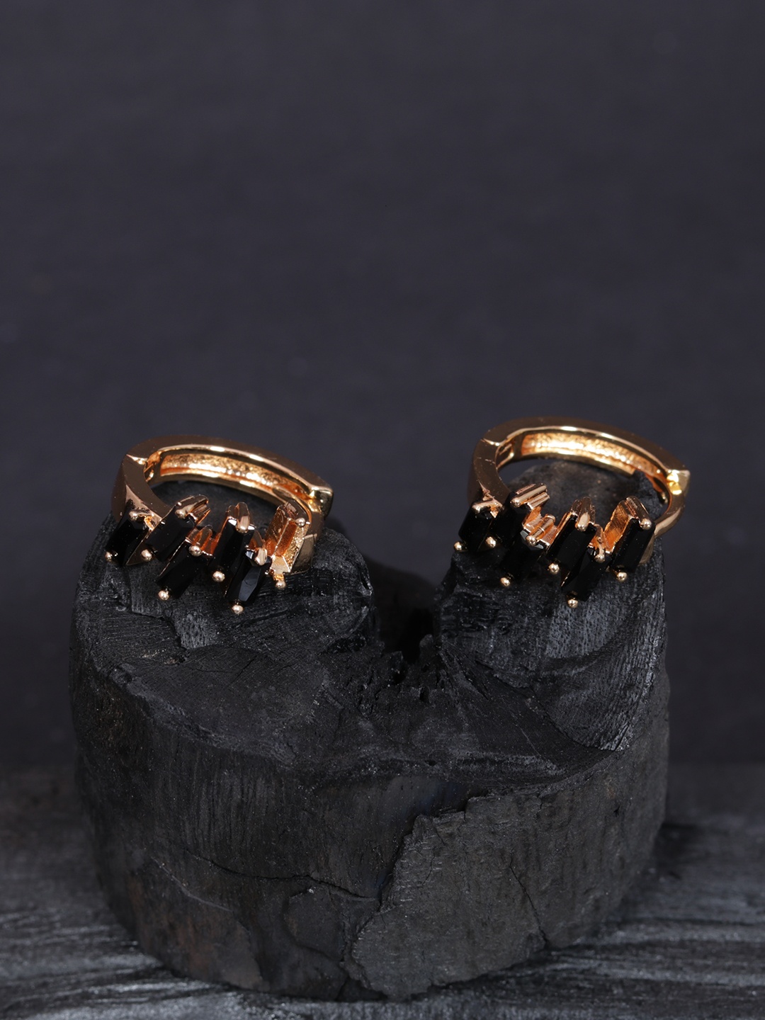 

justpeachy Black Gold-Plated CZ Studded Circular Hoop Earrings