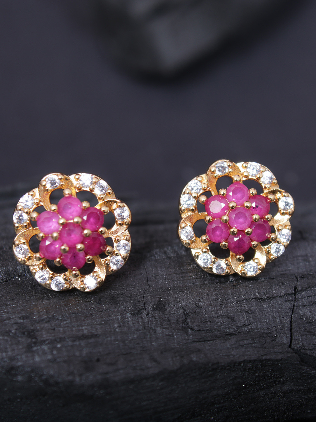 

justpeachy Gold-Plated & Red Cubic Zirconia Floral Studs