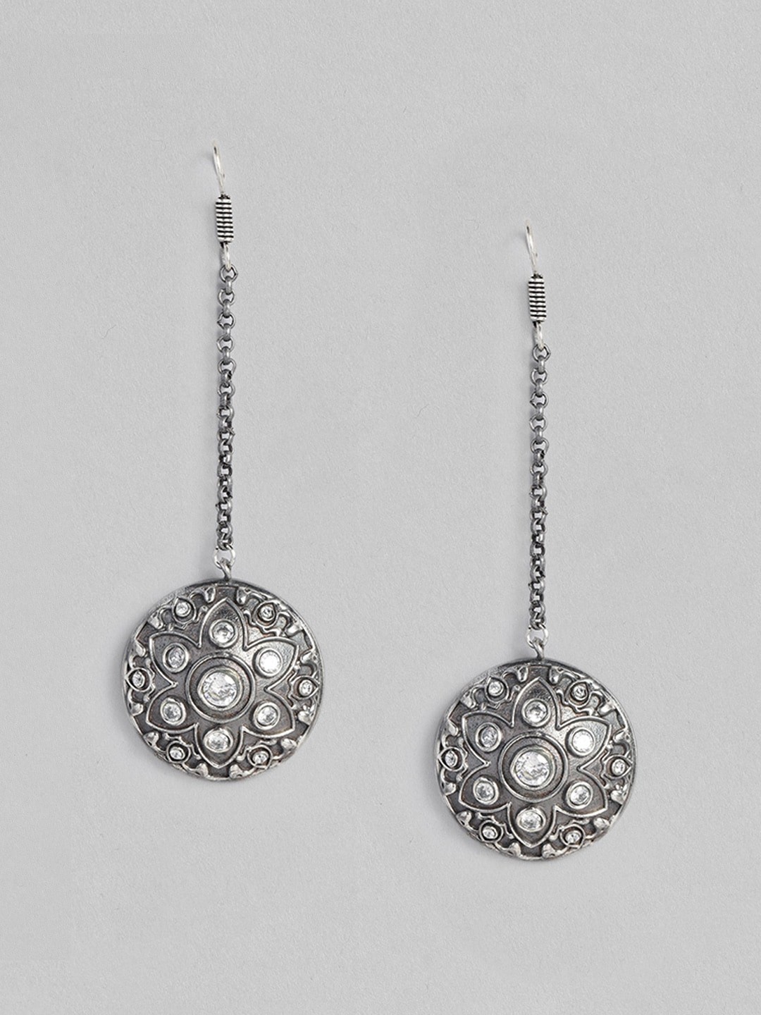 

justpeachy Silver-Plated Stone Studded Oxidised Oval Drop Earrings