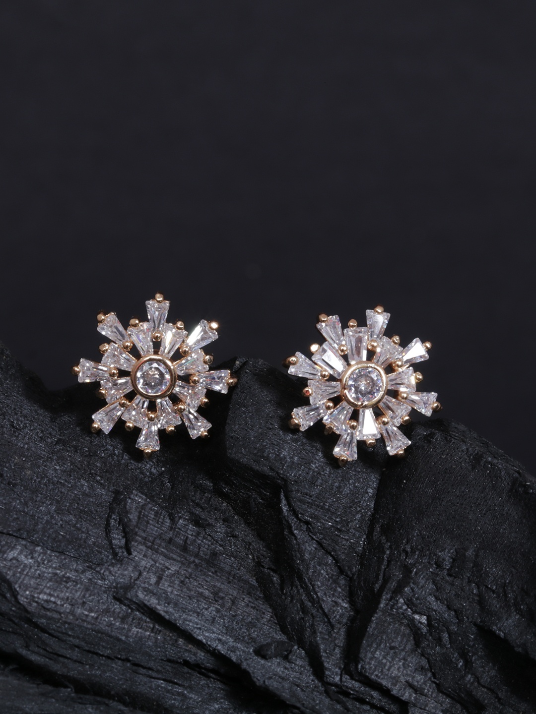 

justpeachy Gold-Plated & White CZ Stone Studded Floral Studs