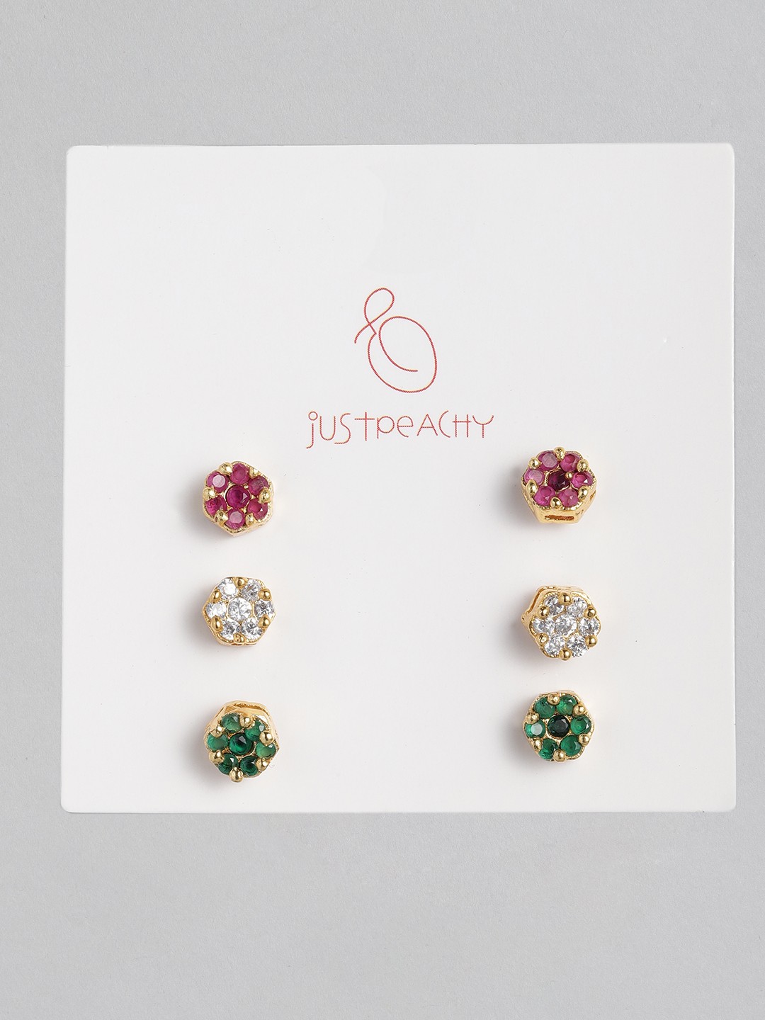 

justpeachy Set of 3 Gold-Plated Circular Studs, Pink