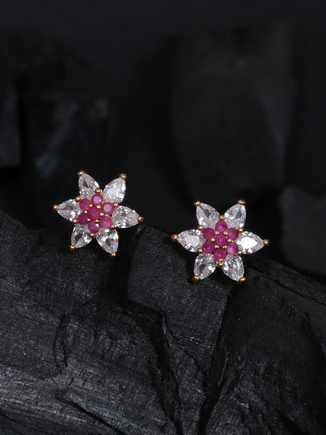

justpeachy Gold-Plated & Red Cubic Zirconia Floral Studs