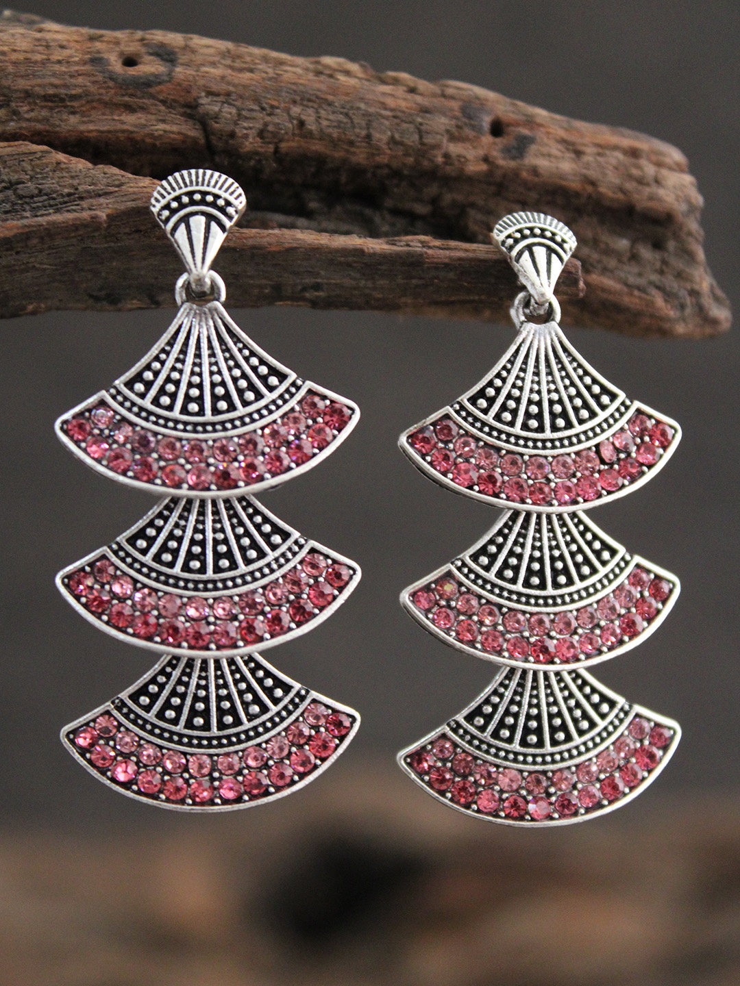 

justpeachy Silver-Plated & Pink Oxidised Contemporary Drop Earrings