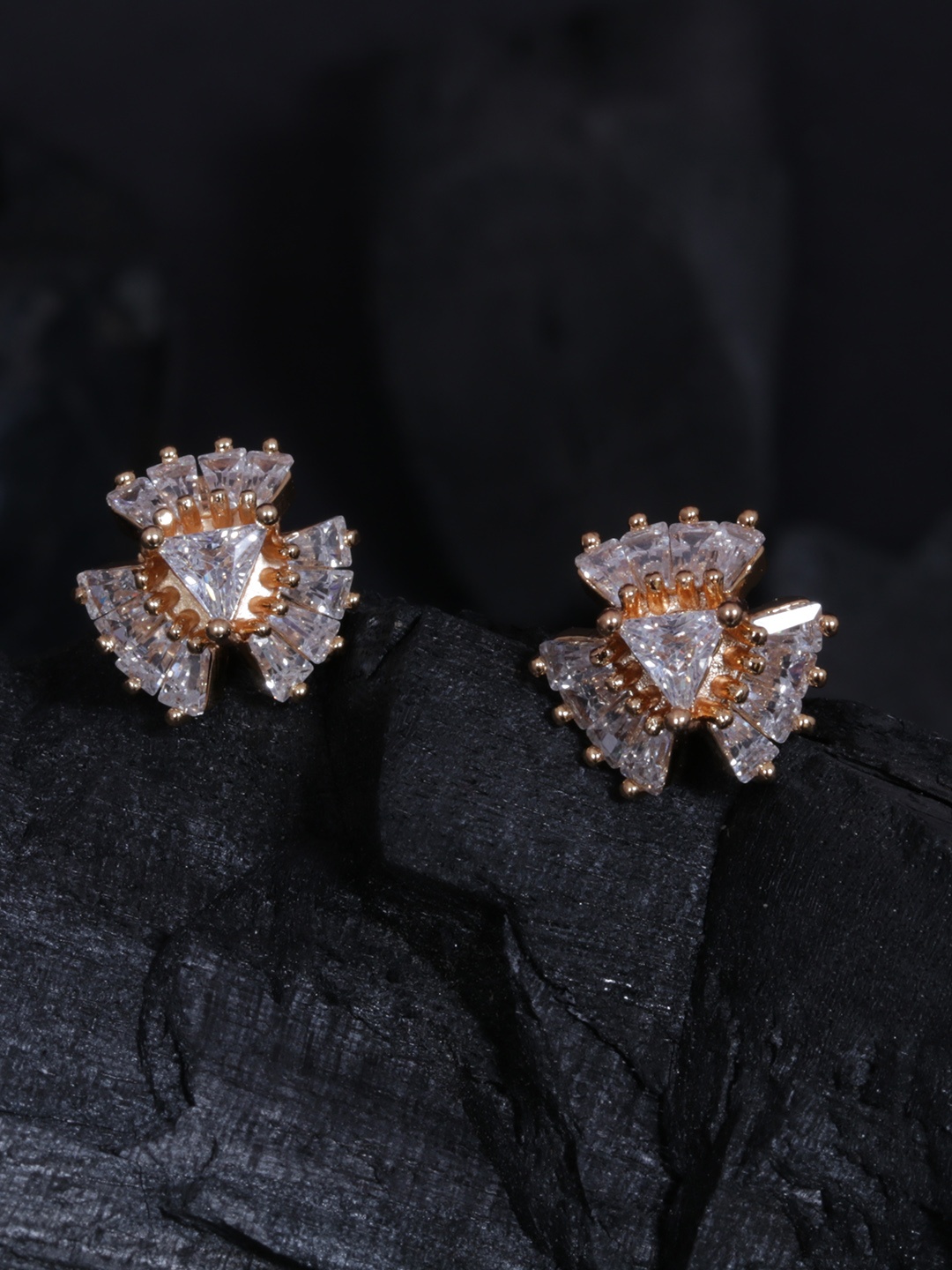 

justpeachy Gold-Plated & White CZ Stone Studded Floral Studs