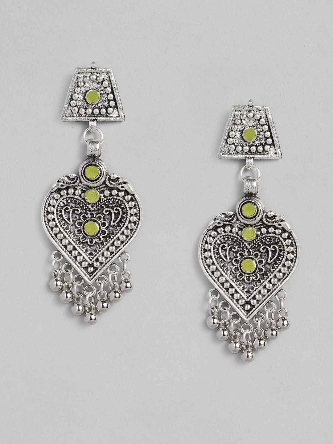 

justpeachy Oxidised Green Silver-Plated Studded Classic Drop Earrings