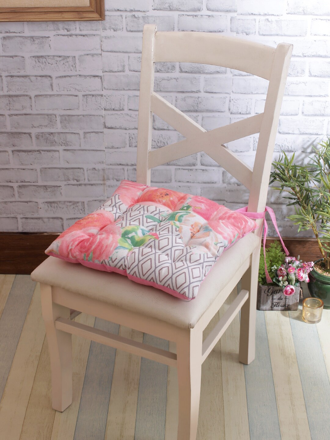 

ROMEE Set of 2 Pink & White Printed Chair Pads with Loops
