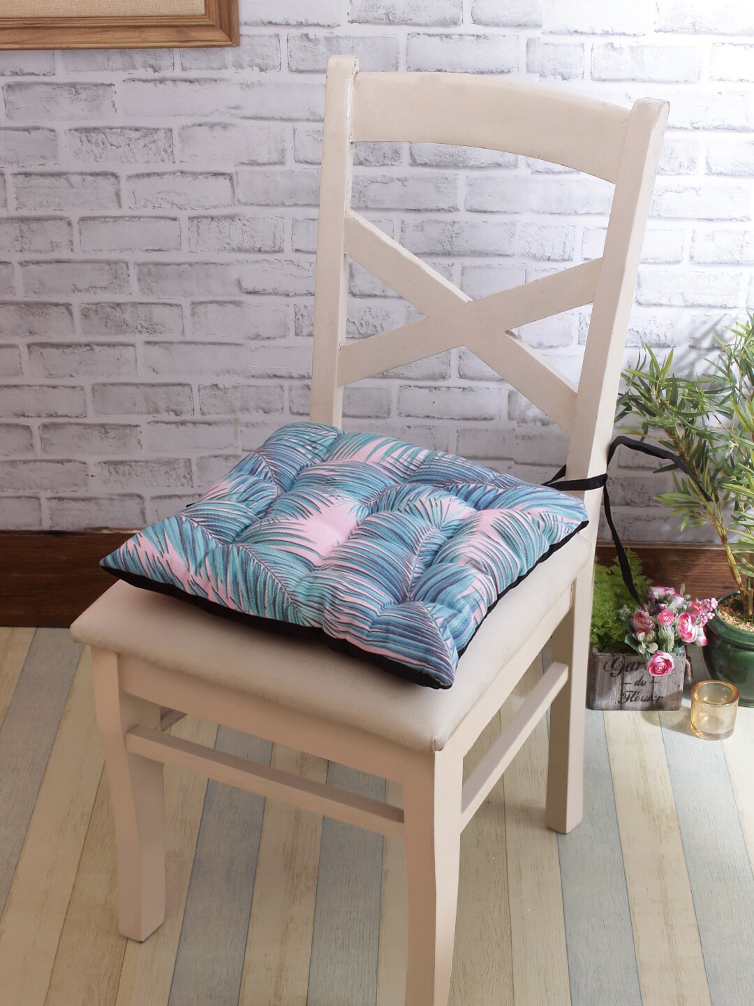 

ROMEE Turquoise Blue & Pink Set of 2 Floral Printed Chair Pad Cushion Seat