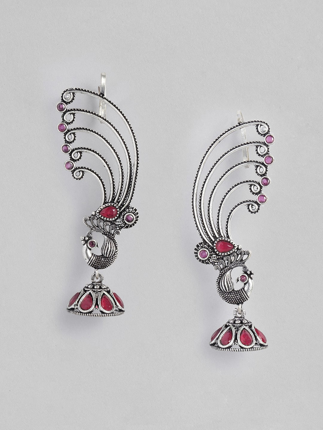 

justpeachy Silver-Plated & Red Contemporary Oxidised Drop Earrings