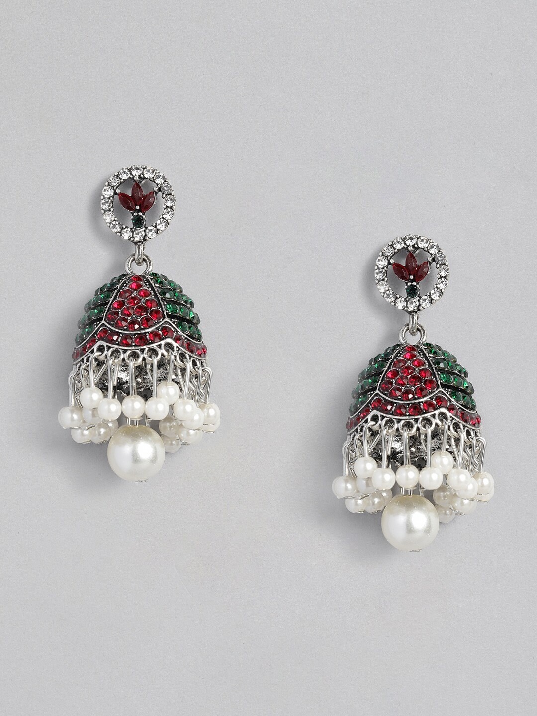 

justpeachy Silver-Plated & Red Studded Dome Shaped Jhumkas