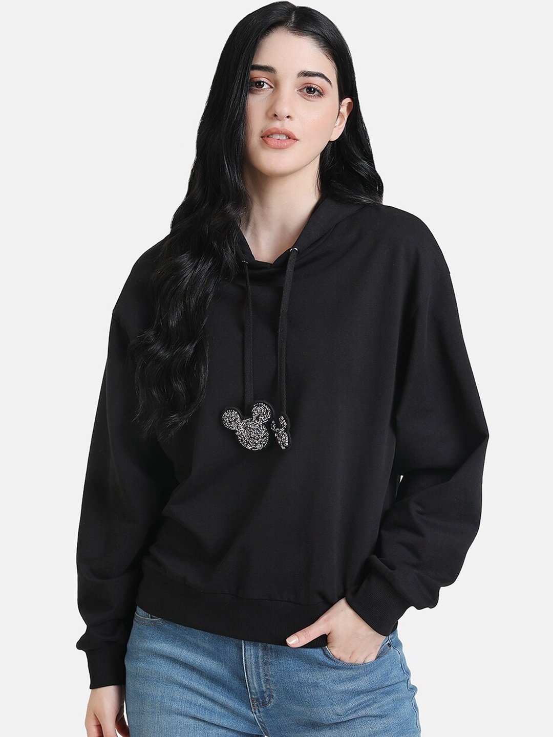 

Kazo Women Black Mickey Mouse Sequinned Hooded Sweatshirt