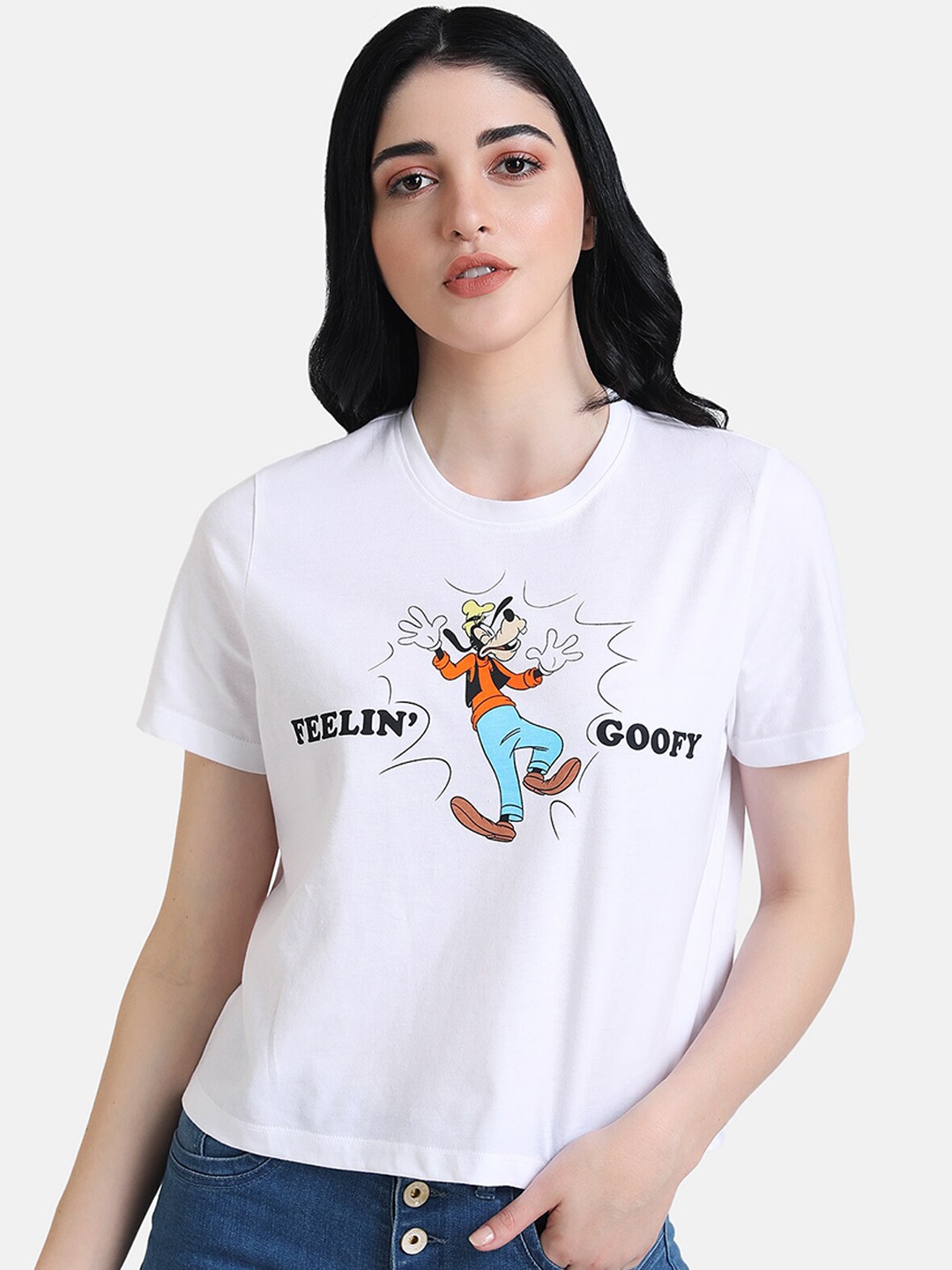

Kazo Women White Goofy Printed Round Neck Crop Pure Cotton T-shirt