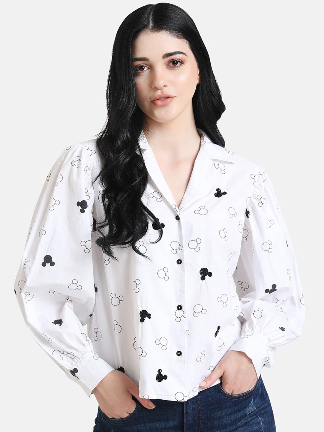 

Kazo Women White Regular Fit Mickey Mouse Printed Casual Shirt