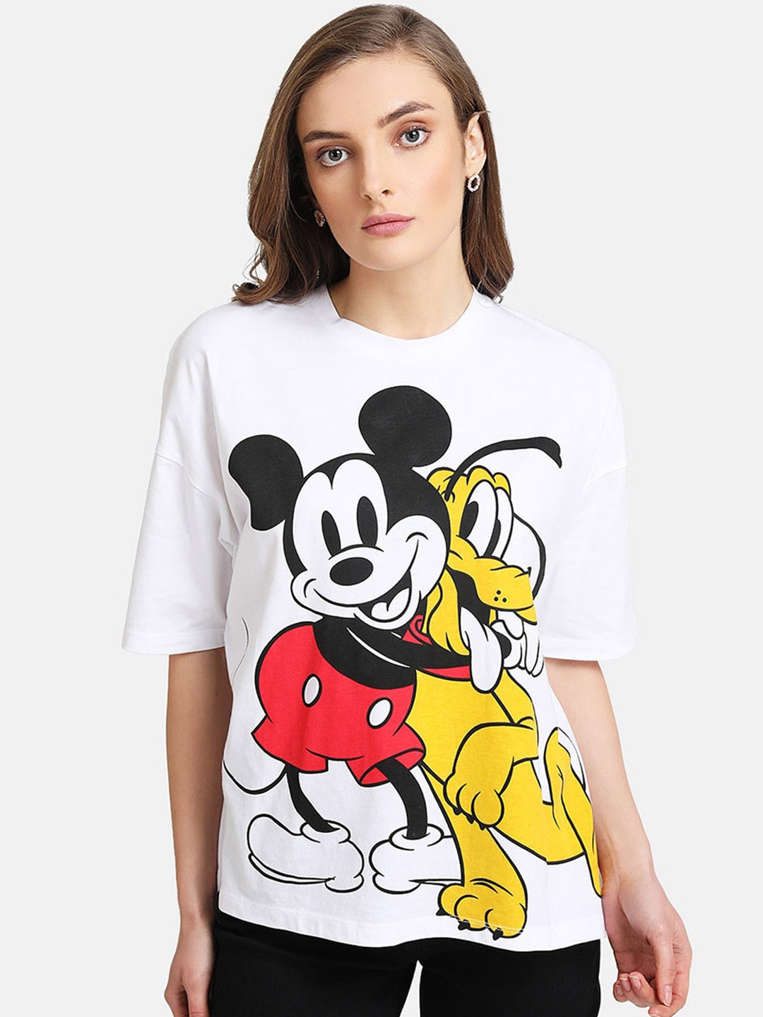 

Kazo Women White Mickey & Pluto Printed Round Neck T-shirt