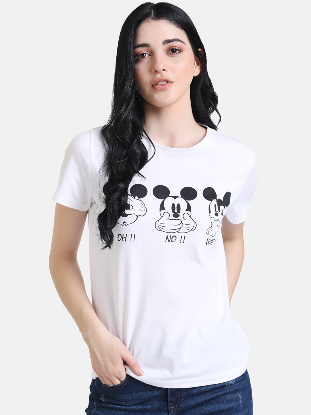 

Kazo Women White Mickey Mouse Printed Round Neck Pure Cotton T-shirt