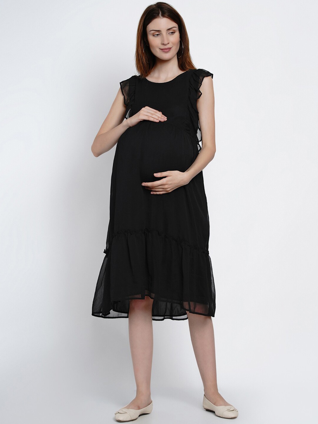 

Mine4Nine Women Black Solid A-Line Maternity Dress
