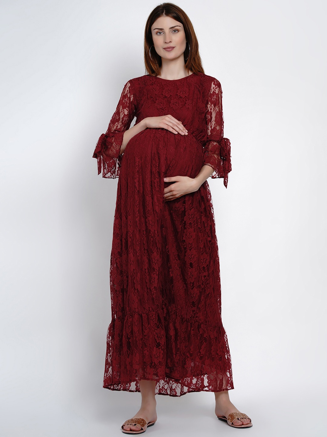 

Mine4Nine Women Maroon Maternity Self Design Maxi Dress