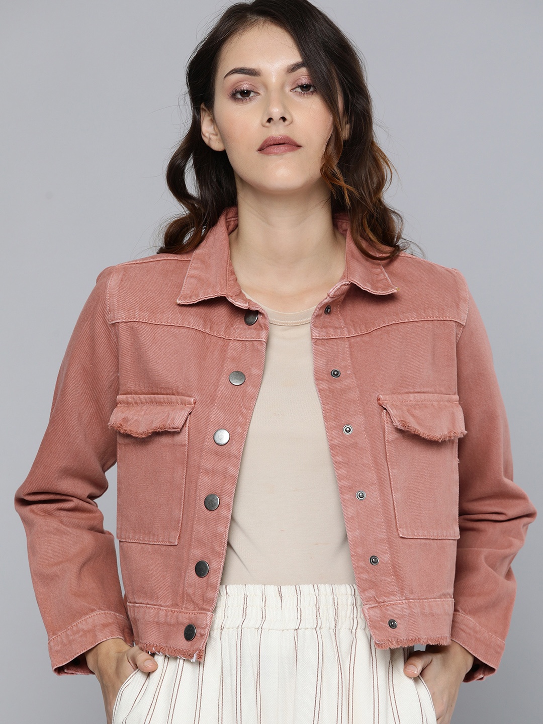 

Mast & Harbour Women Dusty Rose Solid Denim Jacket