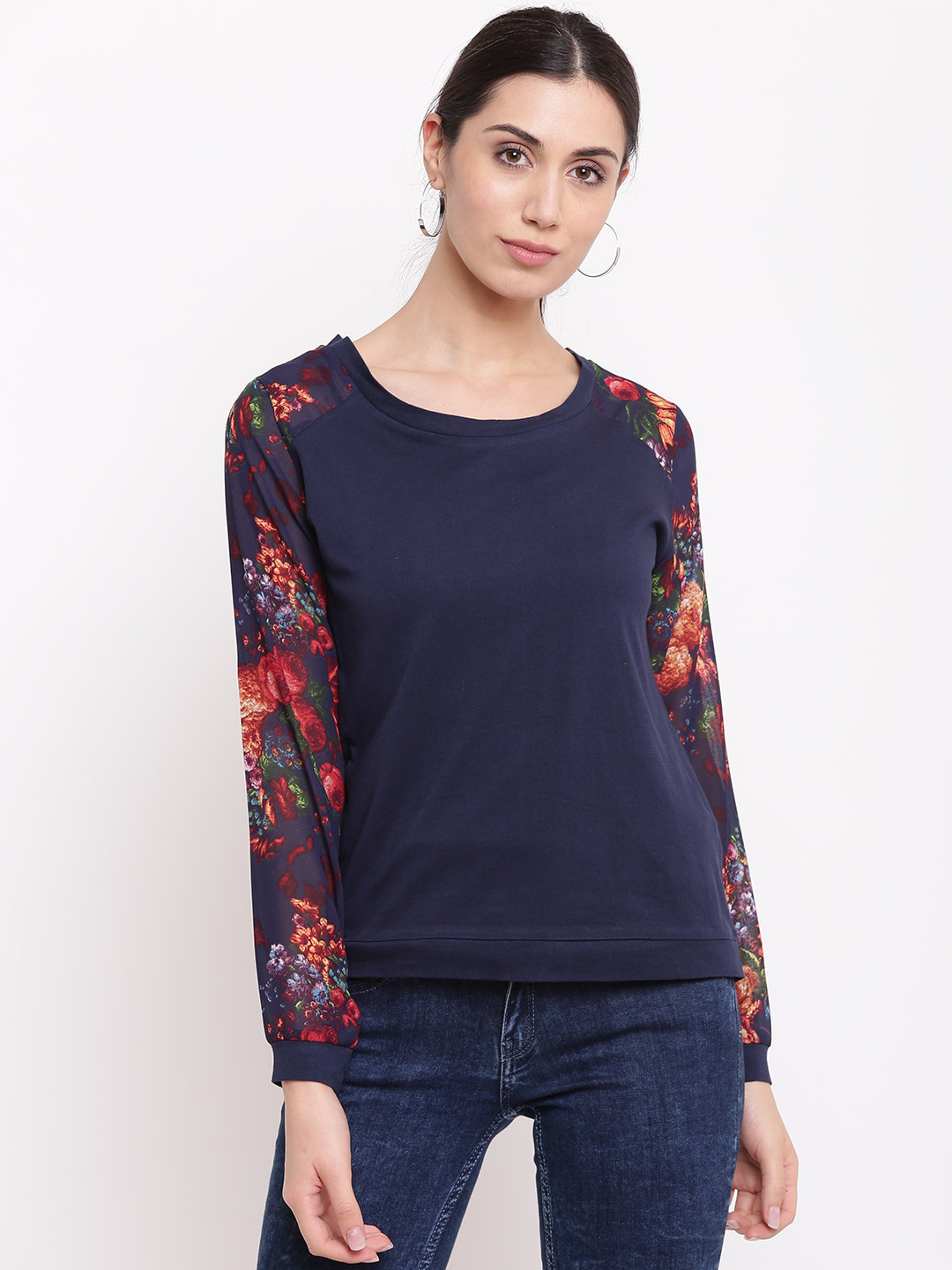 

RIVI Women Navy Blue & Coral Red Floral Print Top