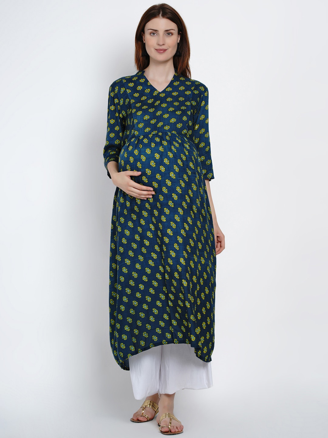 

Mine4Nine Women Navy Blue & Green Printed A-Line Maternity & Nursing Kurta