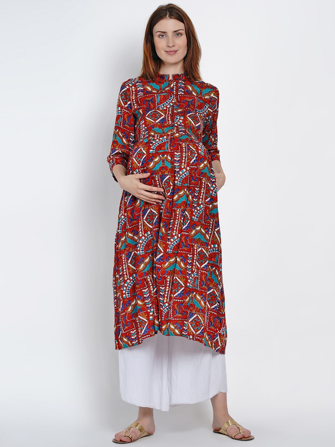 

Mine4Nine Women Maroon & Blue Printed A-Line Maternity Kurta