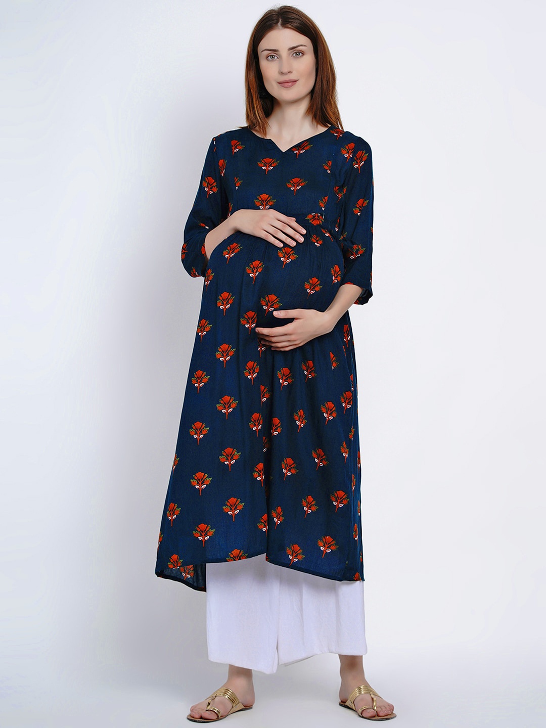 

Mine4Nine Women Navy Blue & Orange Printed A-Line Maternity & Nursing Kurta