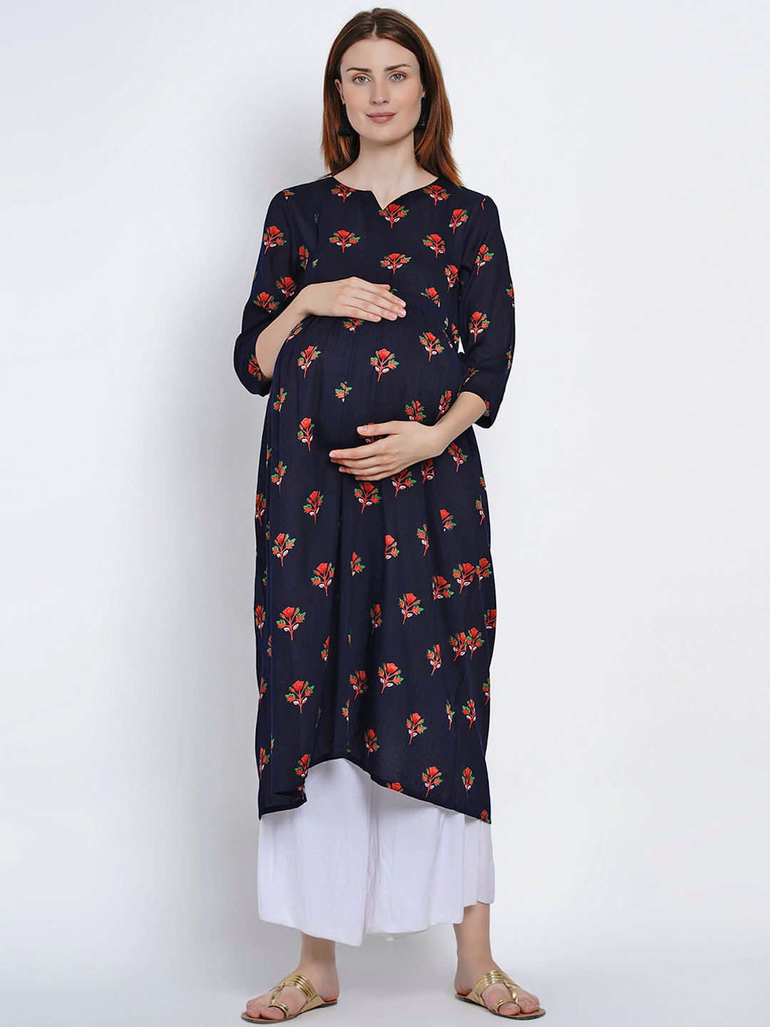 

Mine4Nine Women Navy Blue & Orange Printed A-Line Maternity & Nursing Kurta