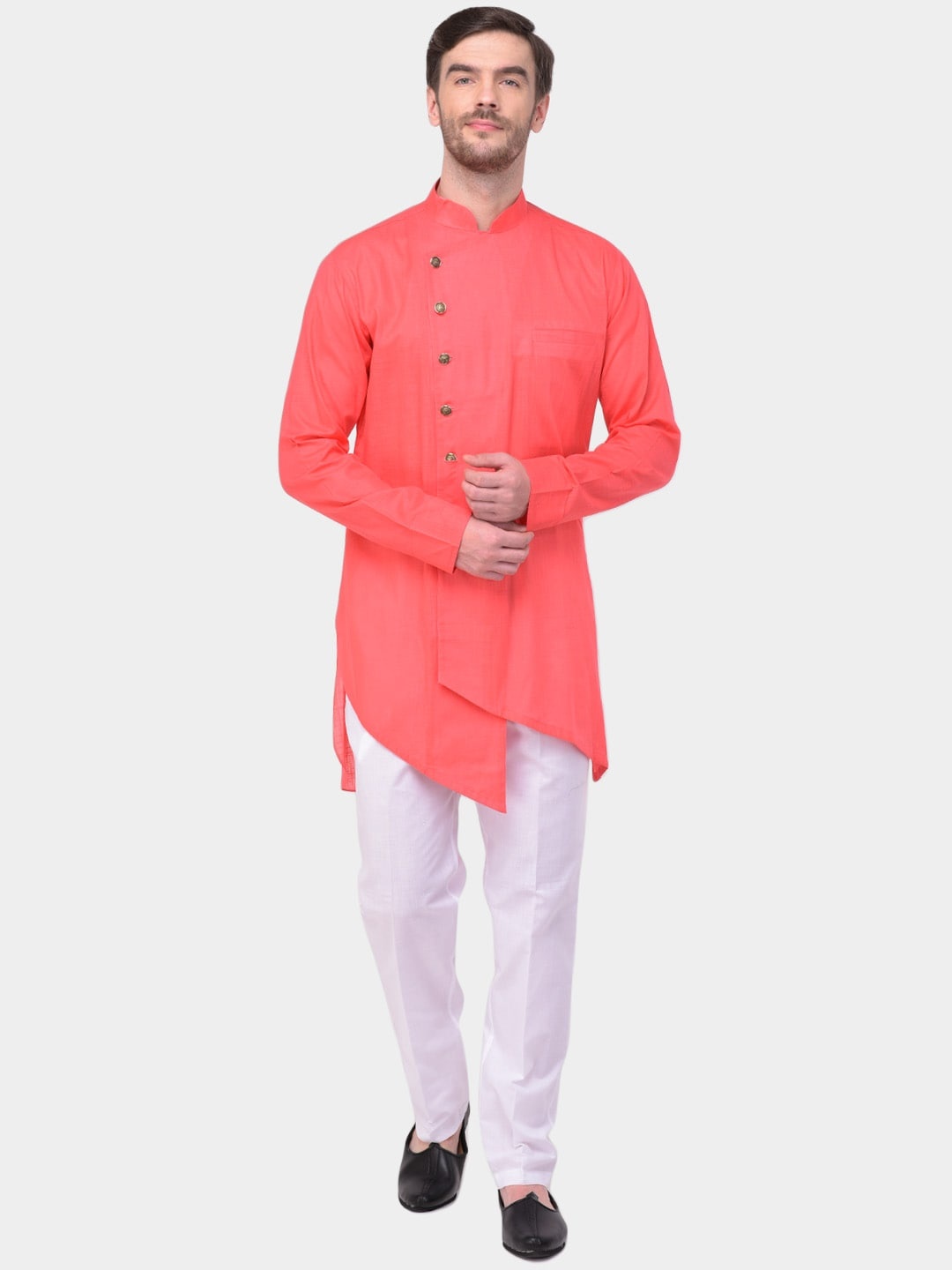 

SG LEMAN Men Coral Pink & White Solid Asymmetric Kurta with Trousers