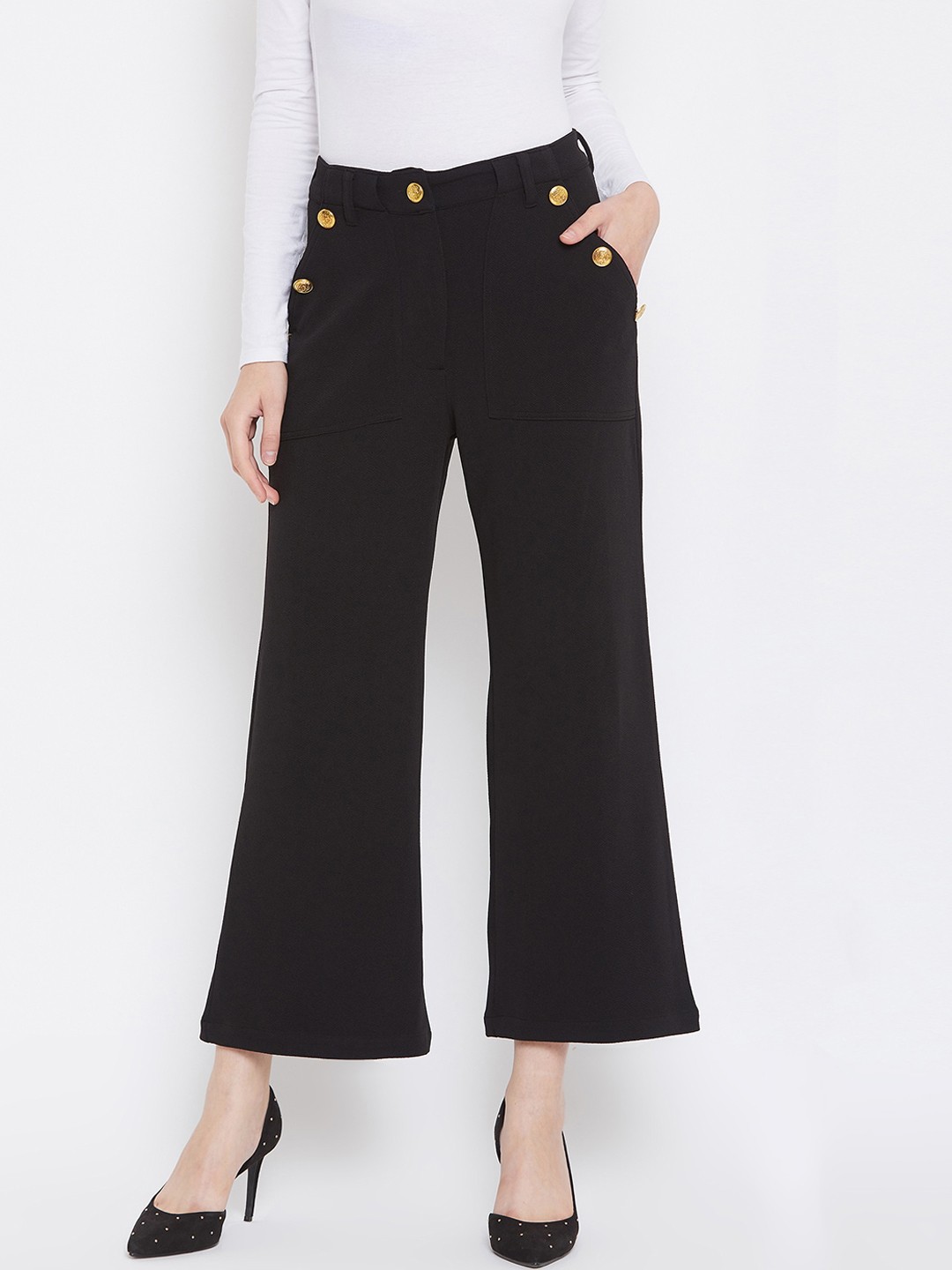 

Zastraa Women Black Flared Fit Solid Formal Trousers