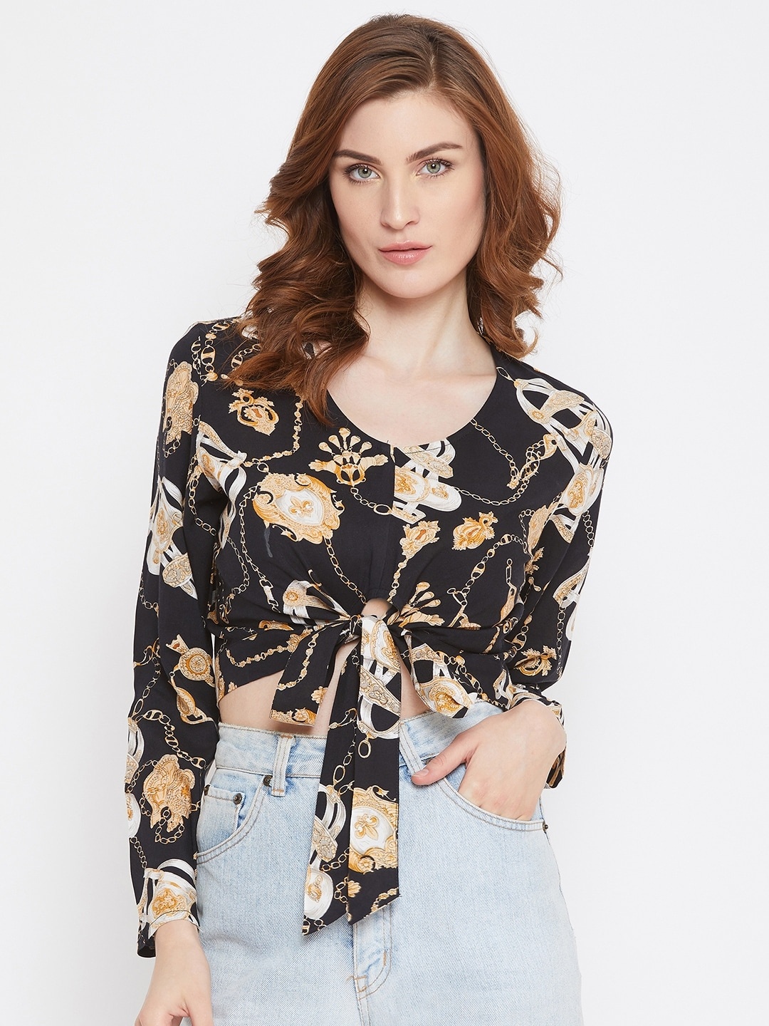 

Zastraa Women Black & Mustard Yellow Scarf Print Crop Top