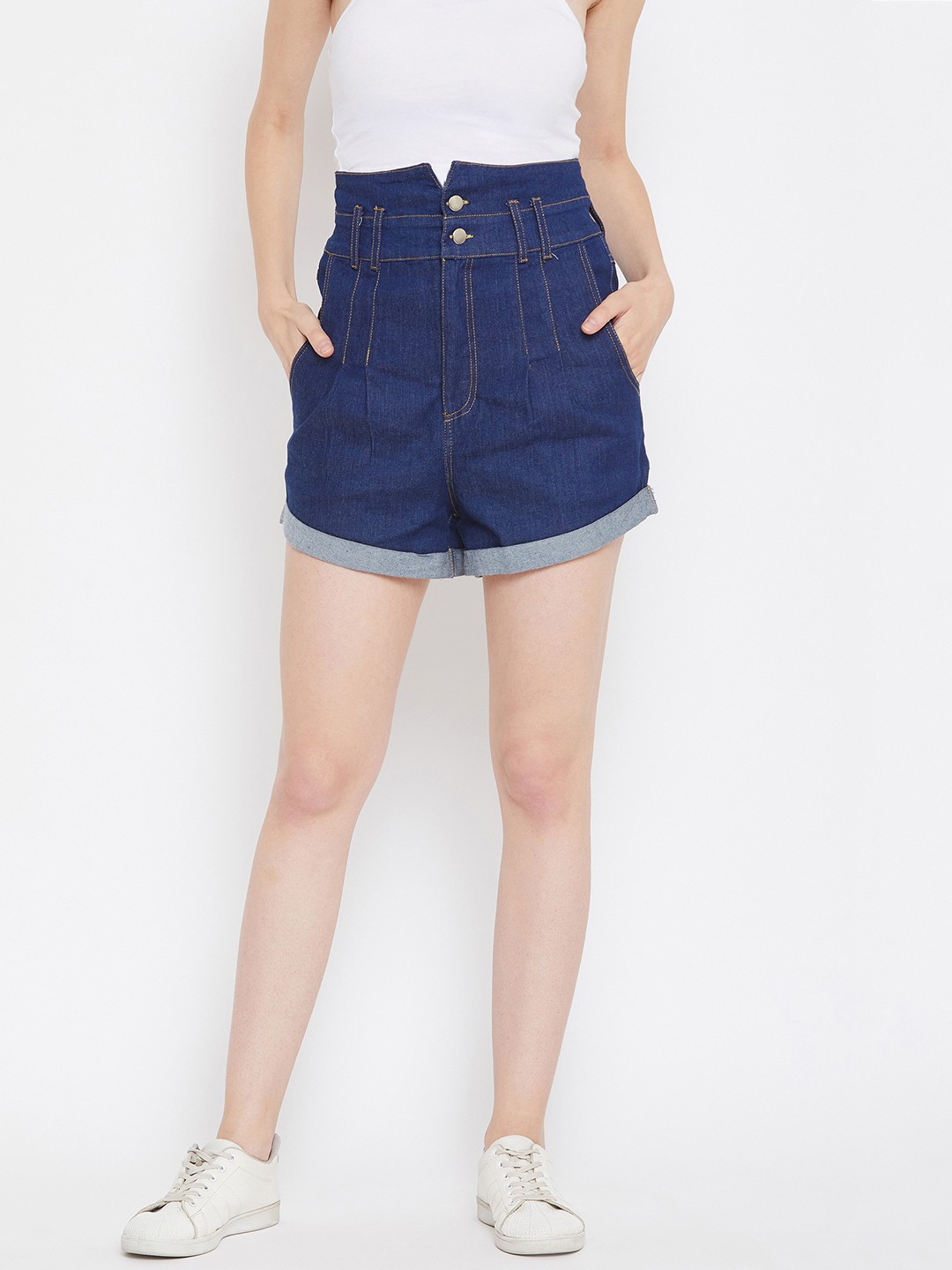 

Zastraa Women Navy Blue Solid Regular Fit Denim Shorts