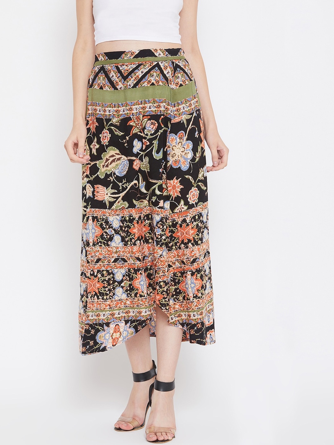

Zastraa Women Black & Orange Printed A-Line Midi Skirt