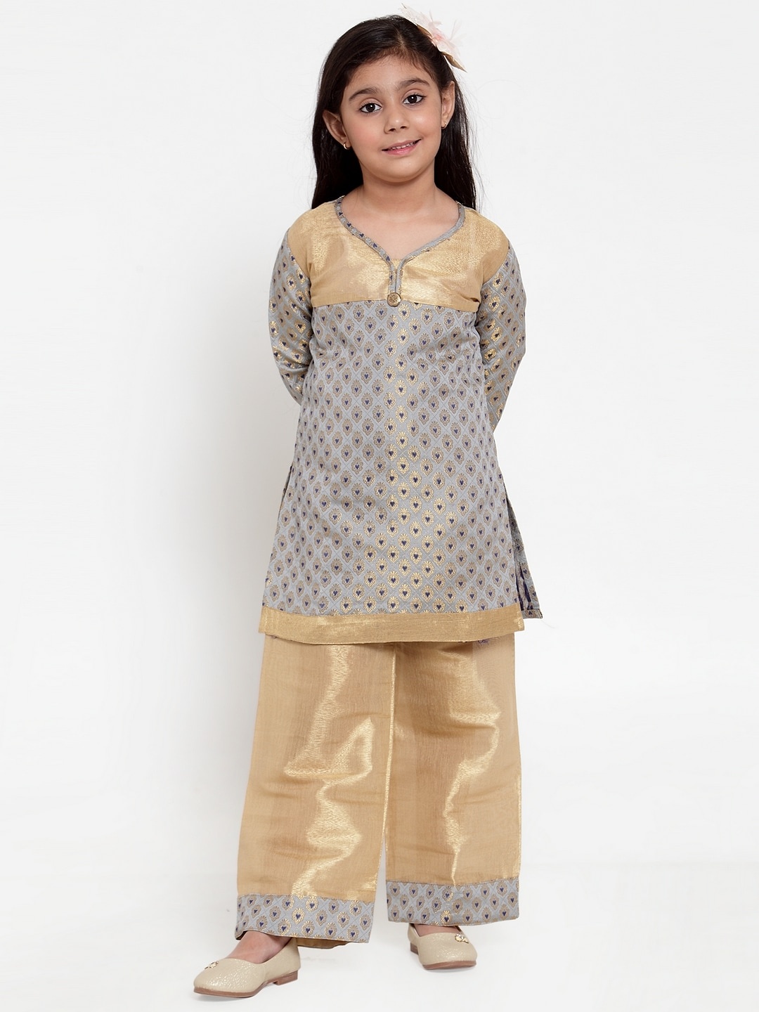 

Baani Creations Girls Grey & Golden Ethnic Print Kurta with Palazzos