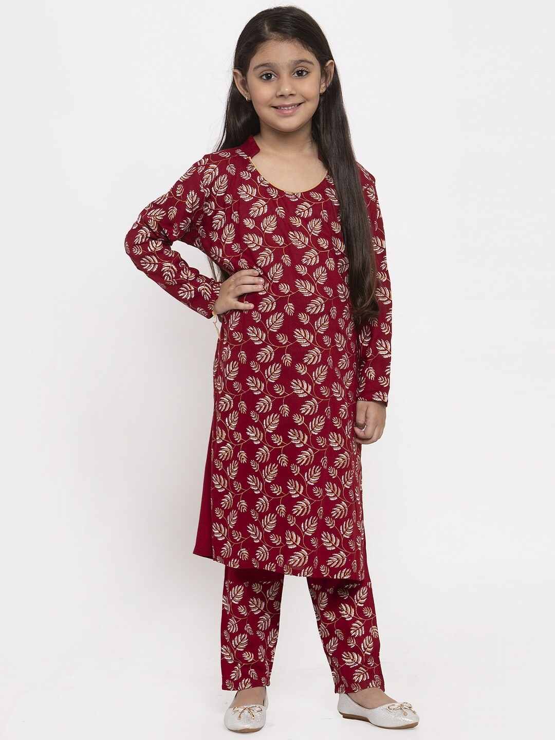 

Baani Creations Girls Maroon & Golden Leaf Print Kurta with Trousers