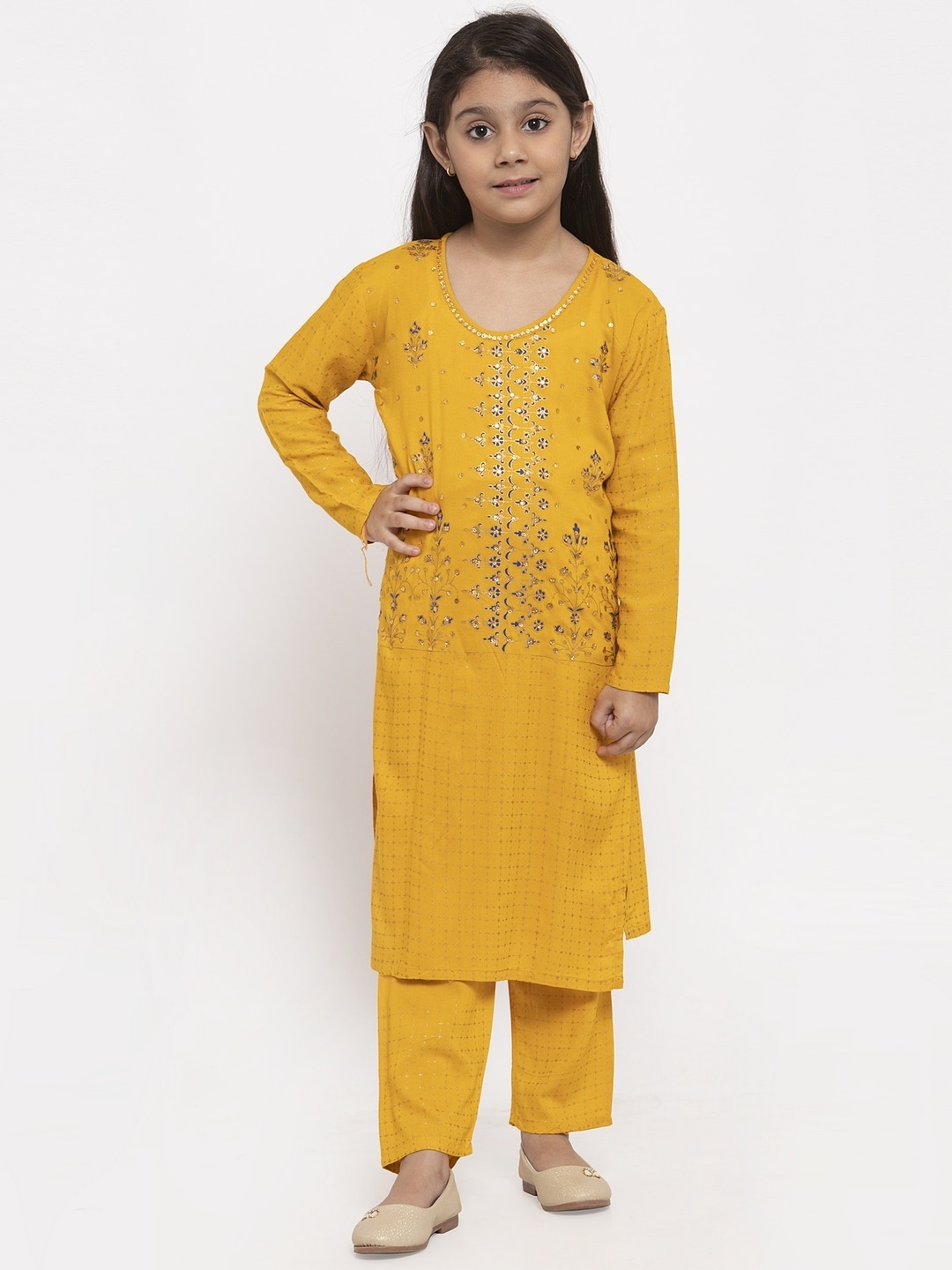 

Baani Creations Girls Mustard Yellow & Golden Ethnic Print Kurta with Trousers