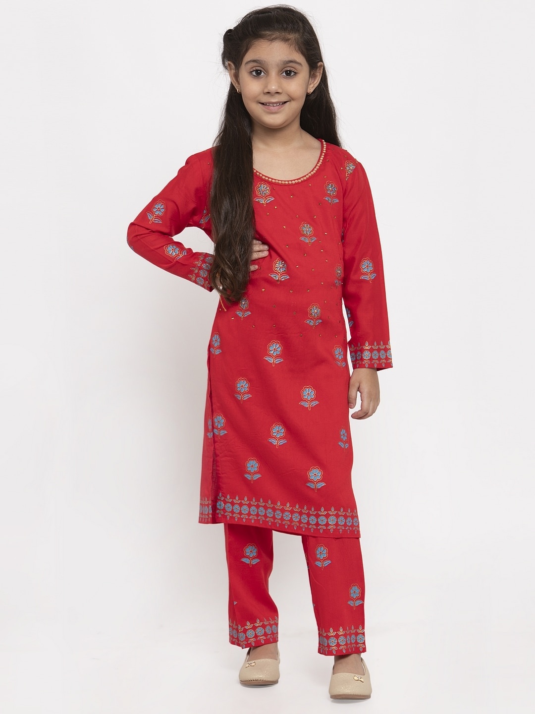

Baani Creations Girls Red & Blue Printed Kurta with Trousers