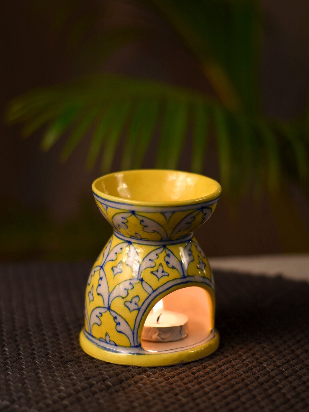 

Unravel India Yellow & White Pottery Oil Burner Ceramic Aroma Diffuser