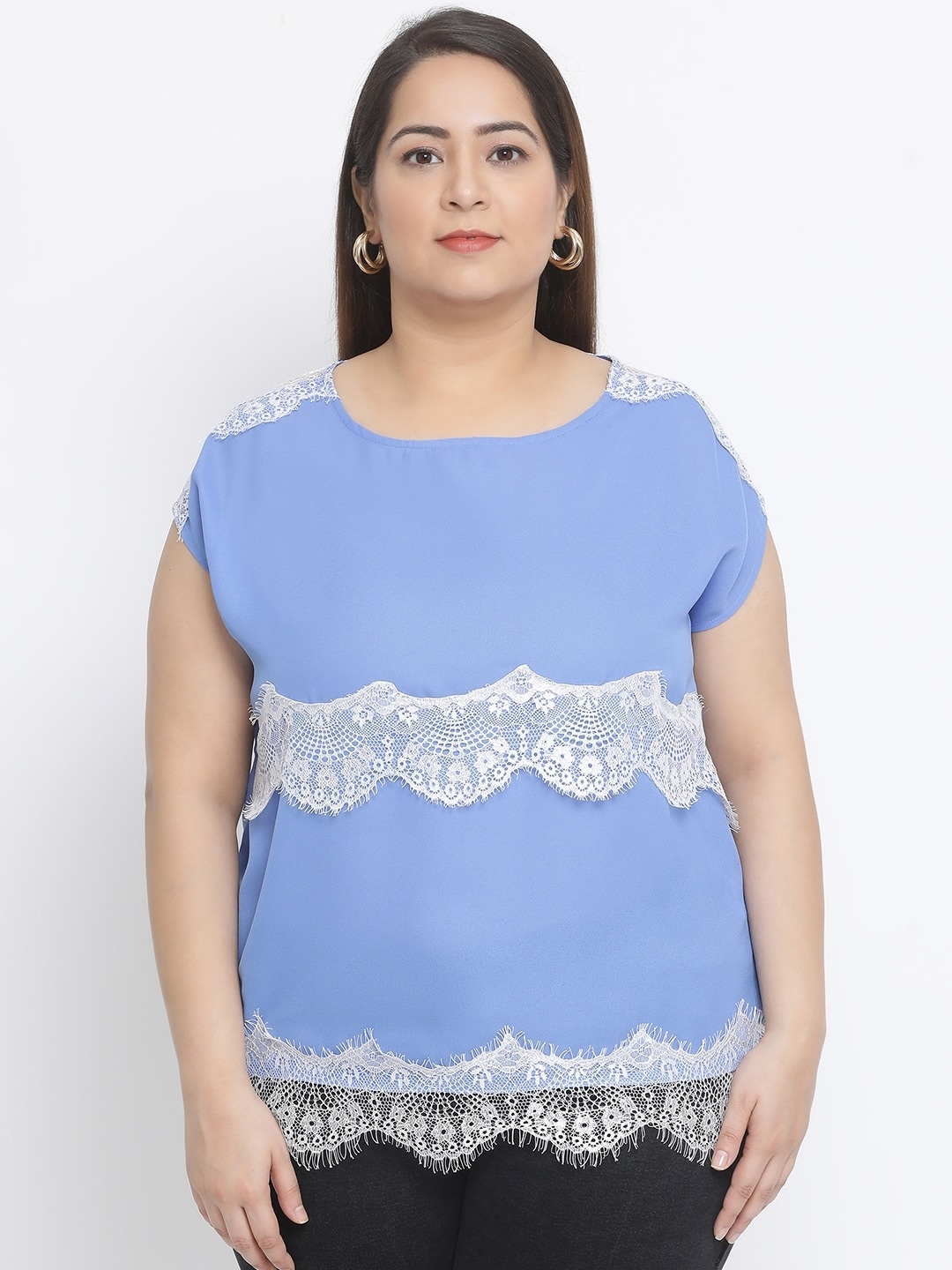 

Oxolloxo Women & White Blue Self Design Plus Size Top