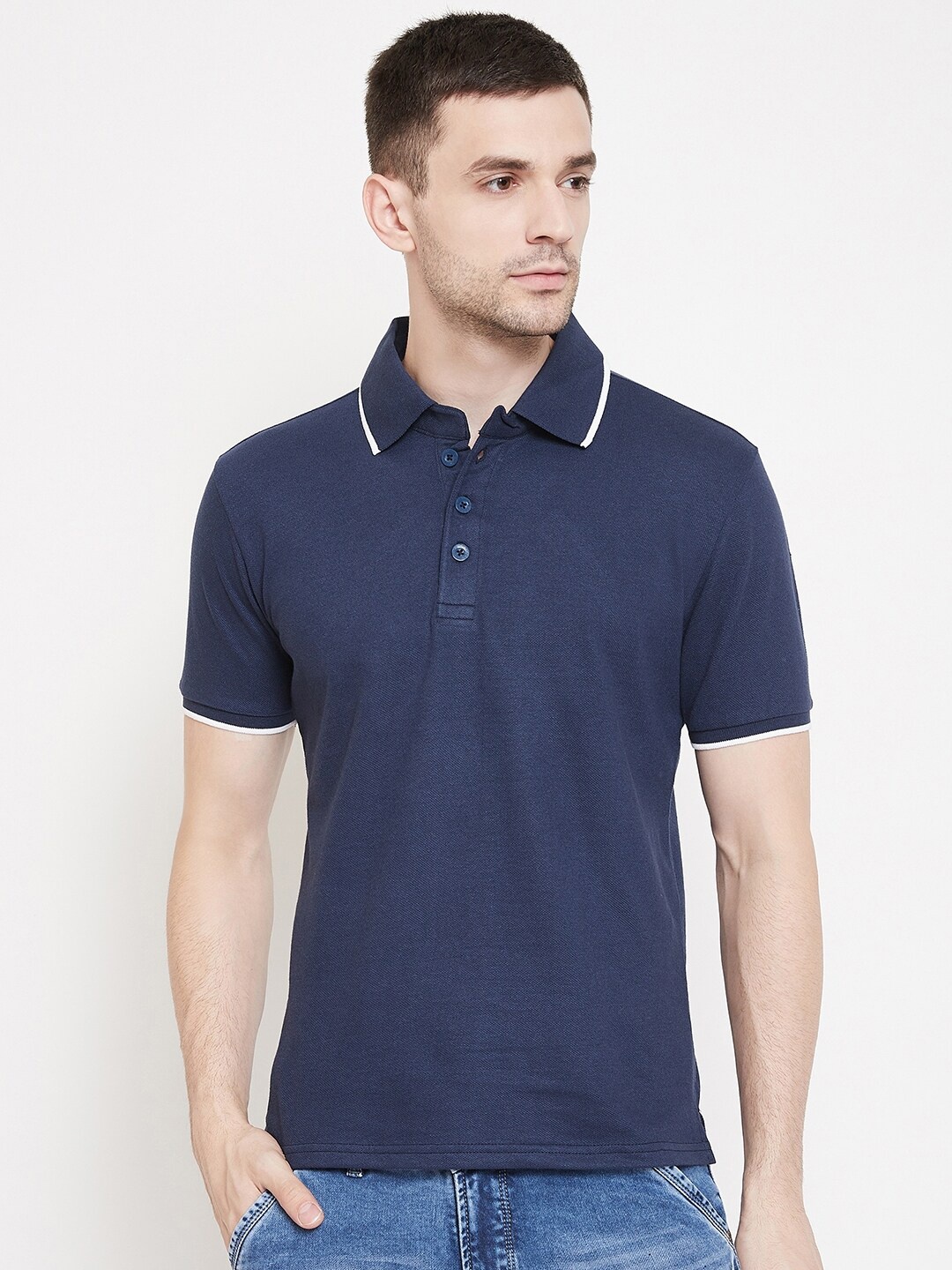 

GRITSTONES Men Navy Blue Solid Polo Collar T-shirt