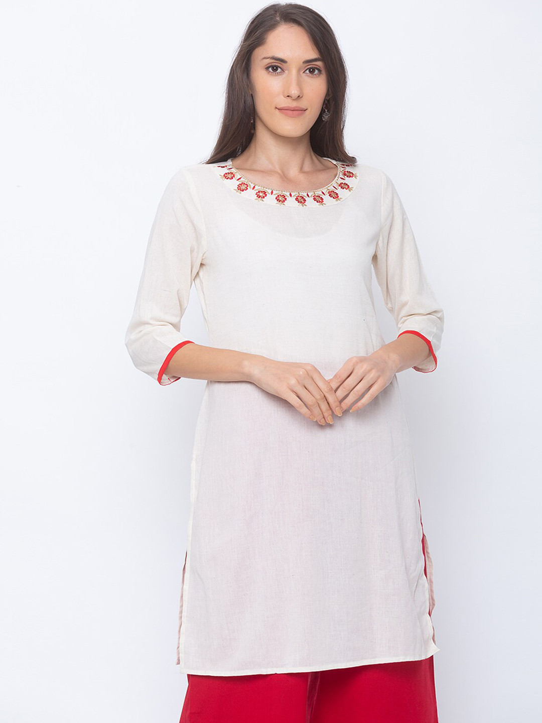 

Globus Women Cream-Coloured & White Yoke Design Straight Kurta