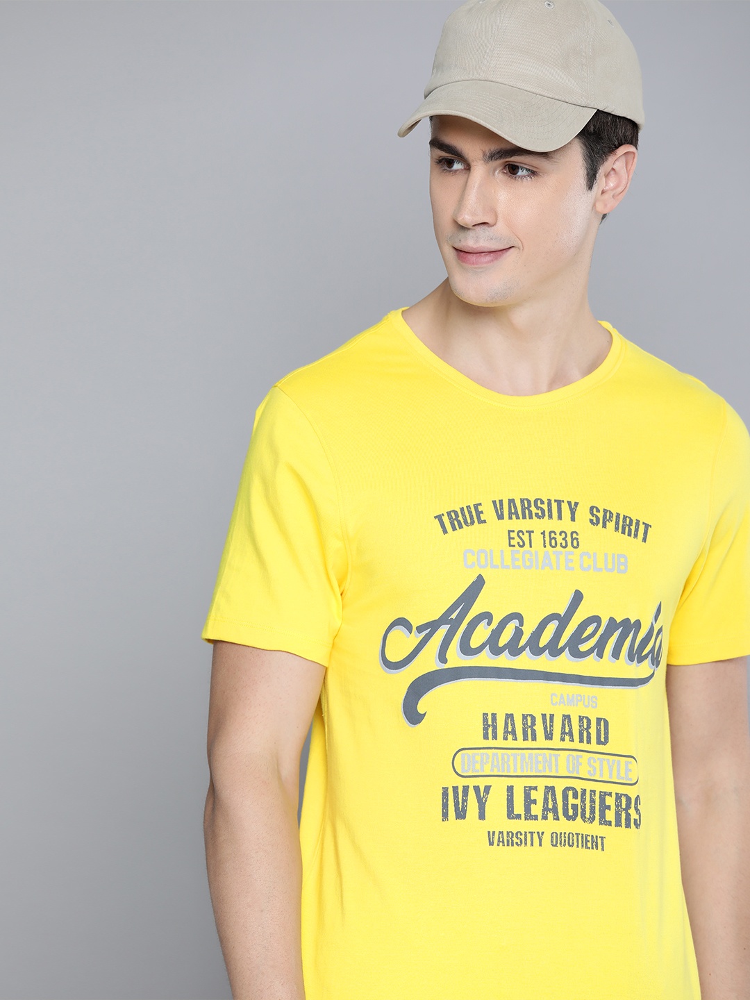 

Harvard Men Yellow Printed Round Neck Pure Cotton T-shirt
