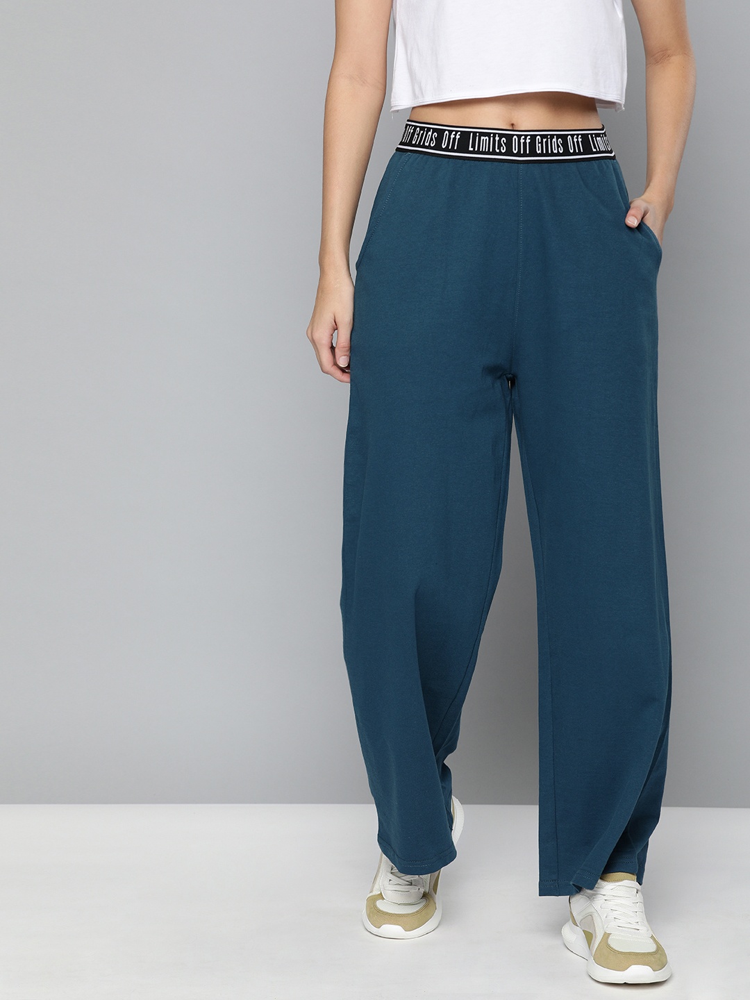 

Harvard Women Navy Blue Solid Flared Cotton Track Pants