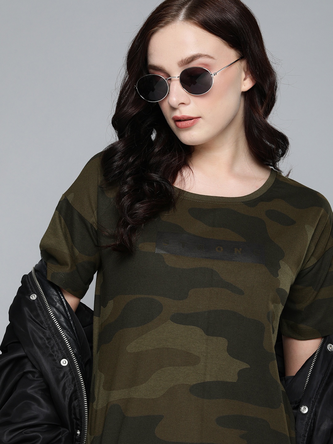 

Harvard Women Olive Green Camouflage Printed Round Neck T-shirt