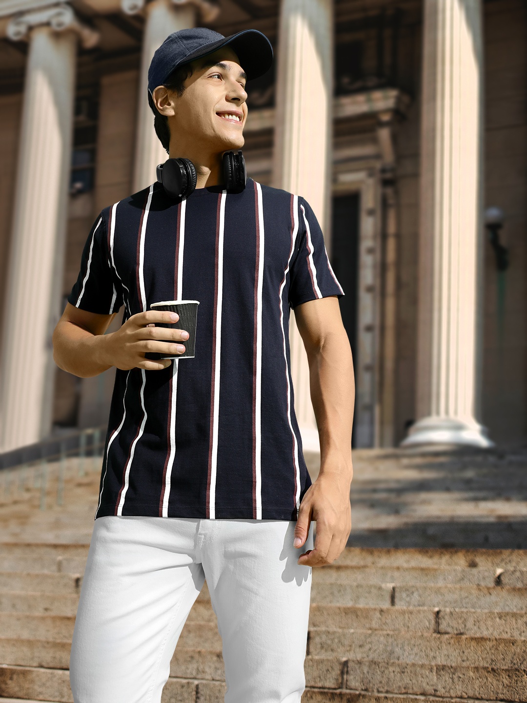 

Harvard Men Black White Striped Cotton Pure Cotton T-shirt