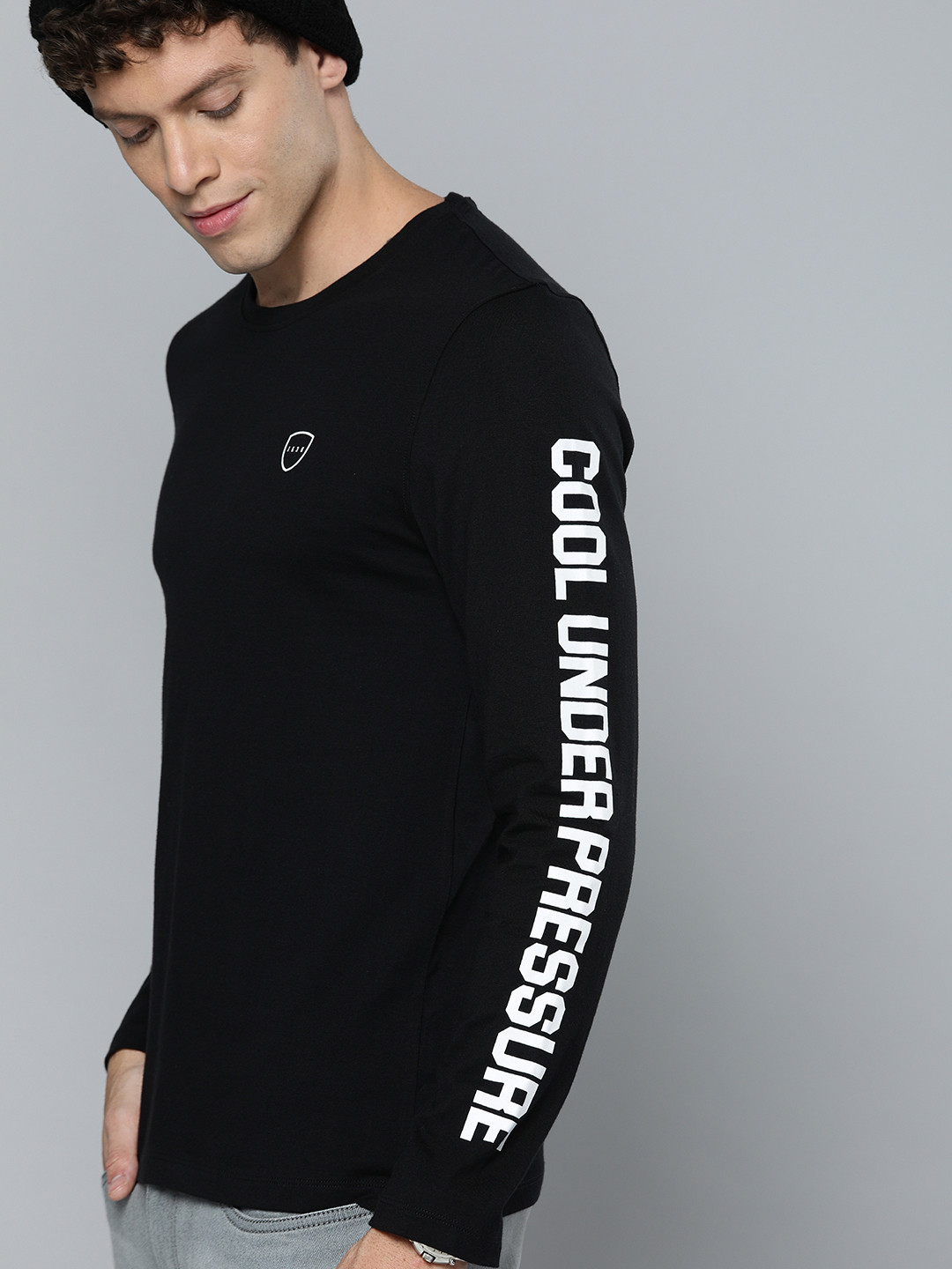

Harvard Men Black Solid Round Neck Pure Cotton T-shirt with Typography Print Detail